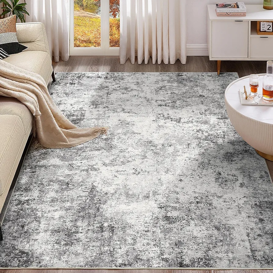 9x12 Area Rug Living Room Rugs - Washable Neutral Modern Abstract Soft Thin Large Rug Indoor Floor No Slip Rug Carpet for Bedroom Under Dining Table Home Office Decor - Grey