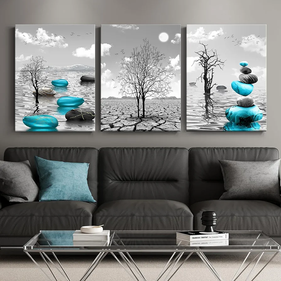 Canvas Wall Art for Living Room and Bathroom, Modern Turquoise Wall Decor, Elegant Blue Stone Artwork for Office, Black and White Tree Painting, Landscape Wall Pictures Decoration for Bedroom Set of 3