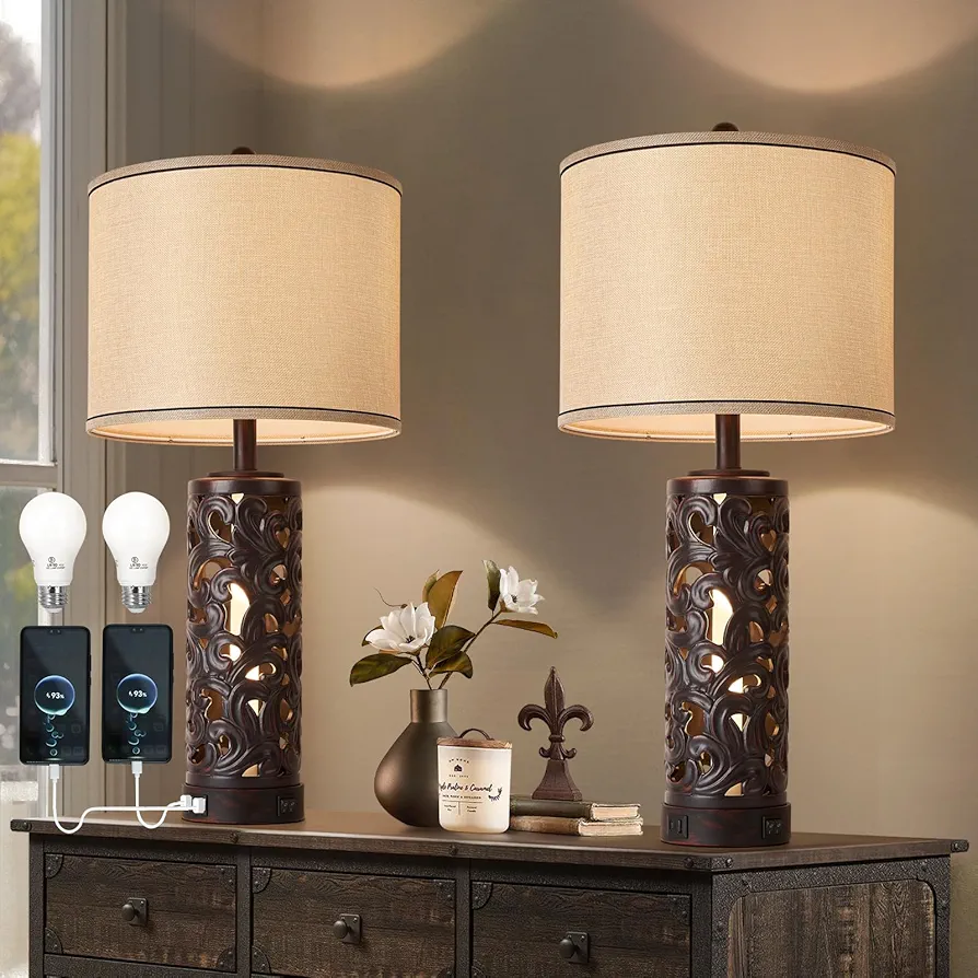 AIDENOEY Set of 2 Table Lamps with Night Light, 28" Farmhouse Table Lamp with USB A+C Ports,Brown Ceramic Bedside Lamp with Fabric Shade for Living Room,Bedroom,Home,Office(2 Bulbs Included)