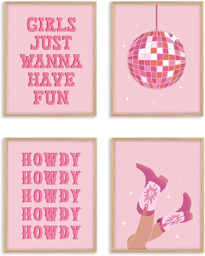 Boat Wades Cowgirl Pink Poster Set - Girls Just Wanna Have Fun for Girls, Western Posters for Room, Pink Gifts for Women, Disco ball Wall Art Poster 8x10 Set of 4