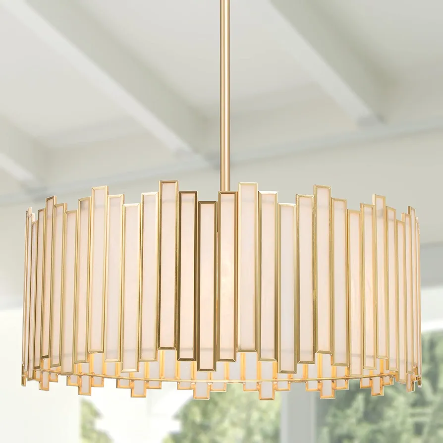 Durent Lighting Gold Drum Chandelier 4-Light Modern Drum Pendant Lighting Fixture with Cream Glass Shade, 16” Round Ceiling Hanging Light for Bedroom Dining Room Kitchen Foyer Entryway Living Room