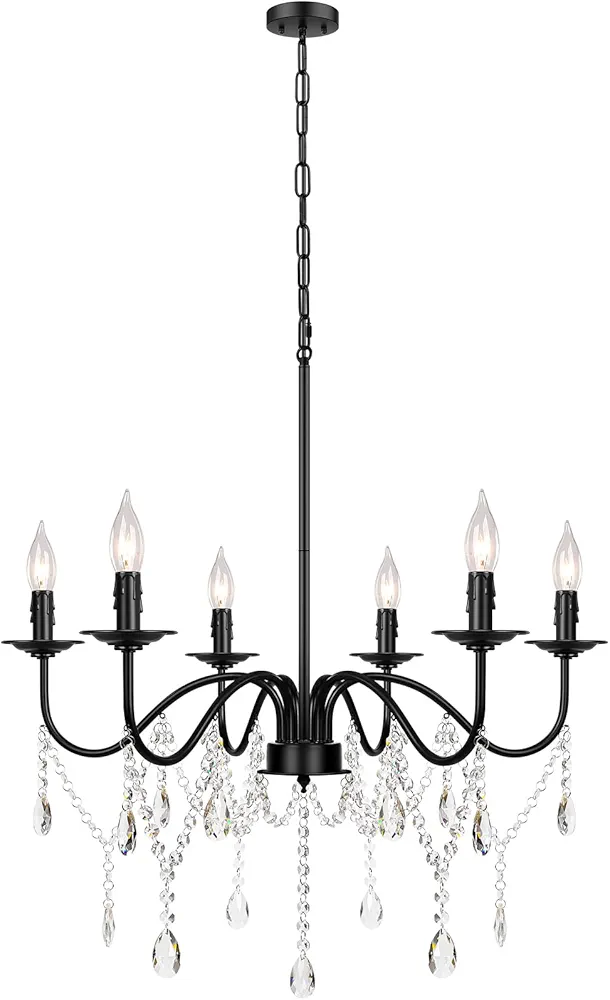 Black Crystal Chandelier, 6-Light Farmhouse Chandelier for Bedroom, 26" Unique Patents Dining Room Light Fixture Over Table, Industrial Candle Hanging Pendant Light for Kitchen, Living Room, Entryway