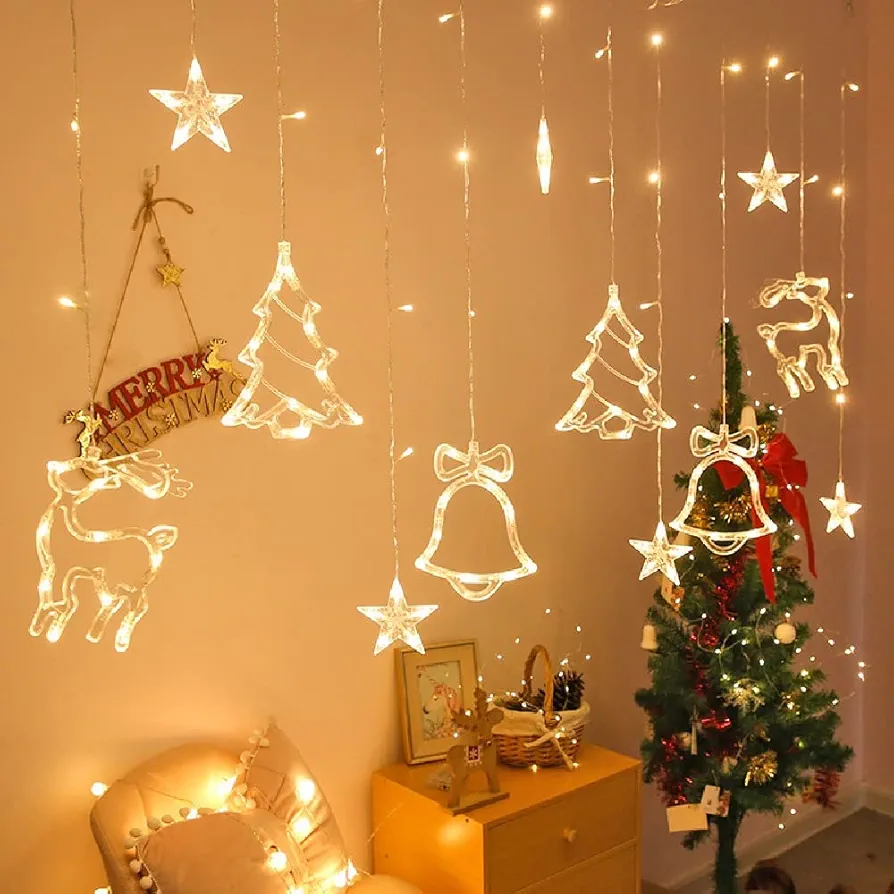 LED Christmas Curtain Light Elk Snowman Elk Christmas Tree Star Light Room Decoration Outdoor(Warm Color Plug-in Model,Other)