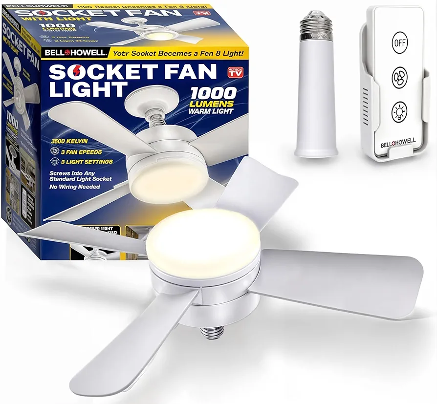 Socket Fan Light Original – Warm Light Ceiling Fans with Lights and Remote | with Light Replacement for Light Bulb/Ceiling Fan for Bedroom, Kitchen, Living Room, 1000 Lumens AS SEEN ON TV