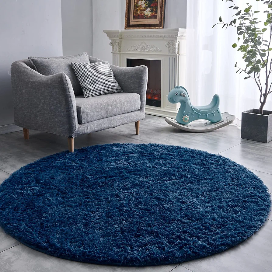 FJZFING Navy Blue Round Rug Ultra-Soft Plush Modern 4x4 Circle Area Rug for Kid's Bedroom, Fluffy Shag Circular Rug for Nursery Room, Non-Slip Home Decor Cute Navy Blue Carpet for Teen's Room