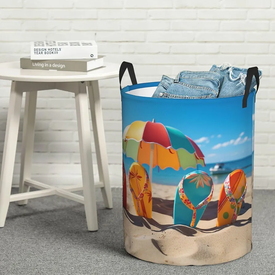 Laundry Basket Waterproof Laundry Hamper With Handles Dirty Clothes Organizer Colorful Flip Flops Beach Ball Print Protable Foldable Storage Bin Bag For Living Room Bedroom Playroom, Medium