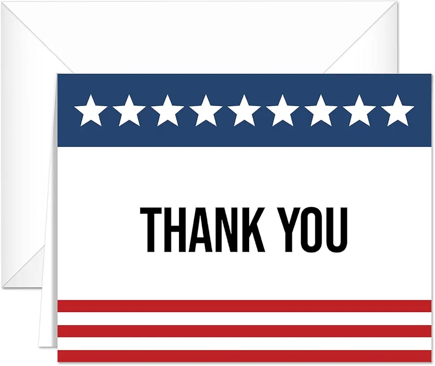 Patriotic Thank You Greeting Cards / 125 American Thanks Note Cards With White Envelopes/Bulk USA Military Thank You Cards/Made In The USA