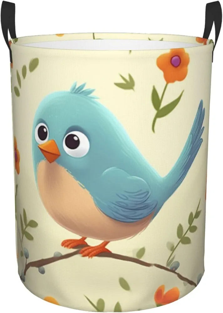 Cute Bird Print Laundry Basket Circular Laundry Hamper with Handles Waterproof Circular Hamper Dirty Clothes Basket Portable Storage Bin for Home Organizer Living Room Bathroom Car Small