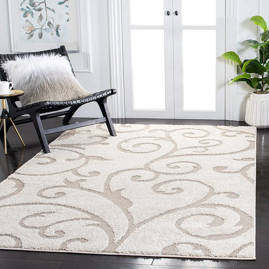 SAFAVIEH Florida Shag Collection Area Rug - 8' x 10', Ivory & Beige, Scroll Design, Non-Shedding & Easy Care, 1.2-inch Thick Ideal for High Traffic Areas in Living Room, Bedroom (SG455-13LT)