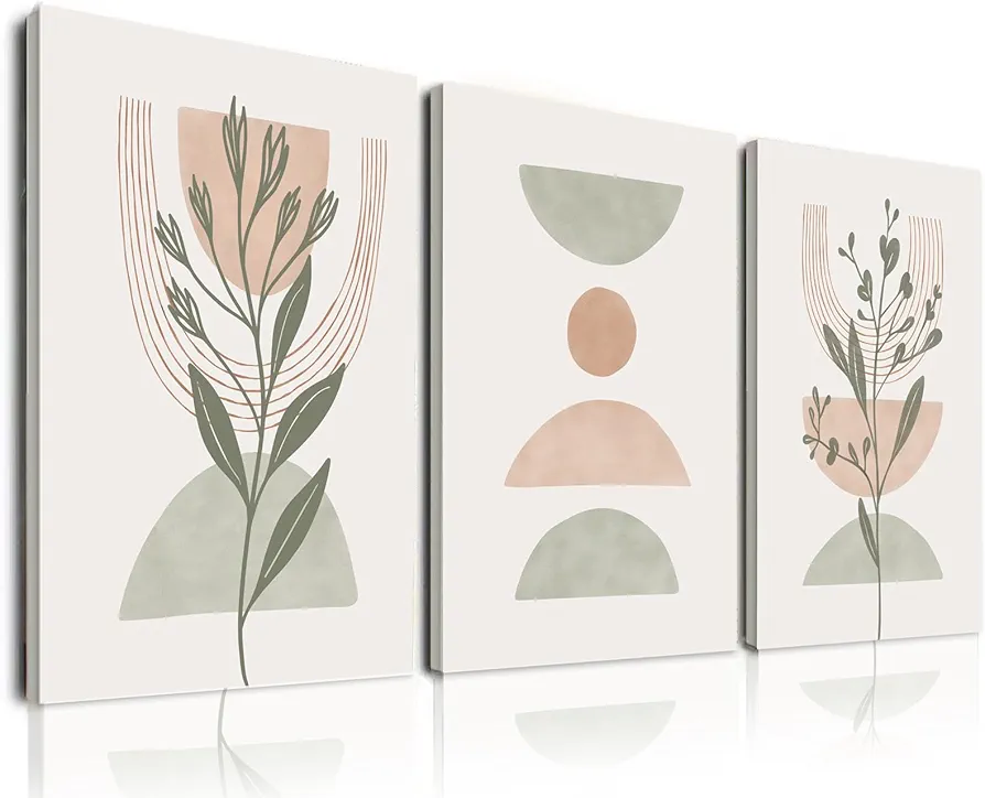 Boho Wall Art Set of 3, Boho Wall Decor, Minimalist Neutral Geometric Line Canvas Artwork Paintings, Framed Abstract Botanical Boho Room Decor for Living Room, Bedroom, Bathroom, Office, Home Decor