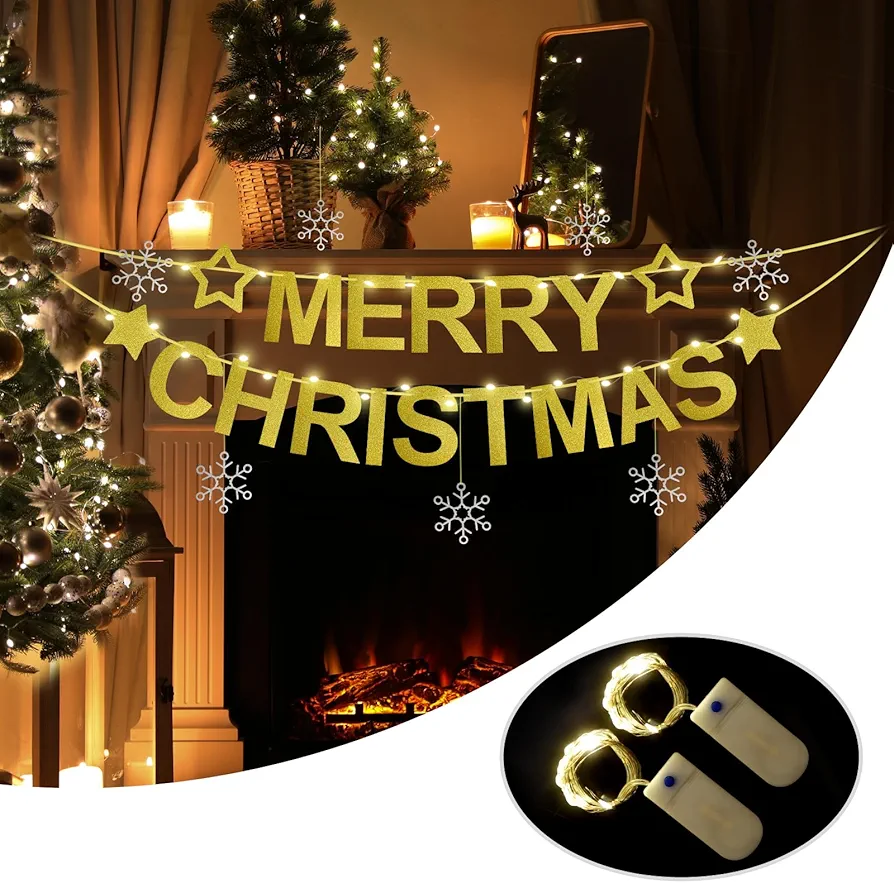 Merry Christmas Banner- Merry Christmas Banner Indoor, of Indoor Fireplaces, Room Walls and Patio Decorations, Sparkling Gold Color,Christmas Decoration Clearance