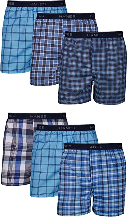 Hanes Ultimate Men's Woven Boxers Pack, Moisture-Wicking Plaid Boxers, Cotton-Blend Boxers, 6-Pack (Colors May Vary)