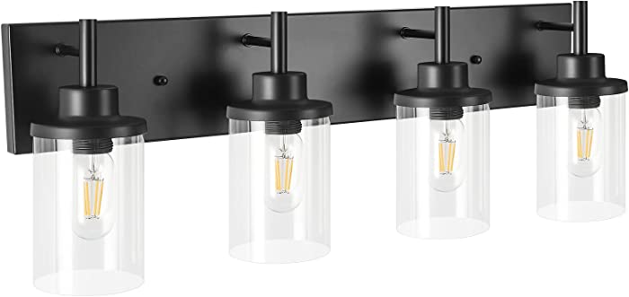 Bathroom Light Fixtures Over Mirror, Matte Black Vanity Light 4 Light Wall Sconce Lighting Indoor Farmhouse Bathroom Lamp with Clear Glass Shade for Bedroom Living Room Hallway Kitchen