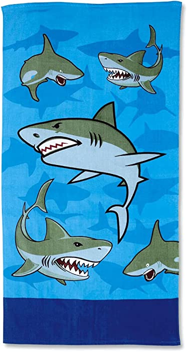 Lillian Vernon Personalized Beach and Bath Towel for Boys - Sharks Design, Extra-Large, 100% Cotton, Custom Embroidered, 30 inch x 60 inch