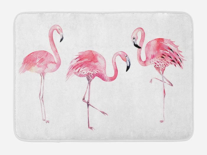 Lunarable Pink Flamingo Bath Mat, Exotic Birds Watercolors Nature of Brazil Rainforests Aloha Wildlife, Plush Bathroom Decor Mat with Non Slip Backing, 29.5" X 17.5", Pink White