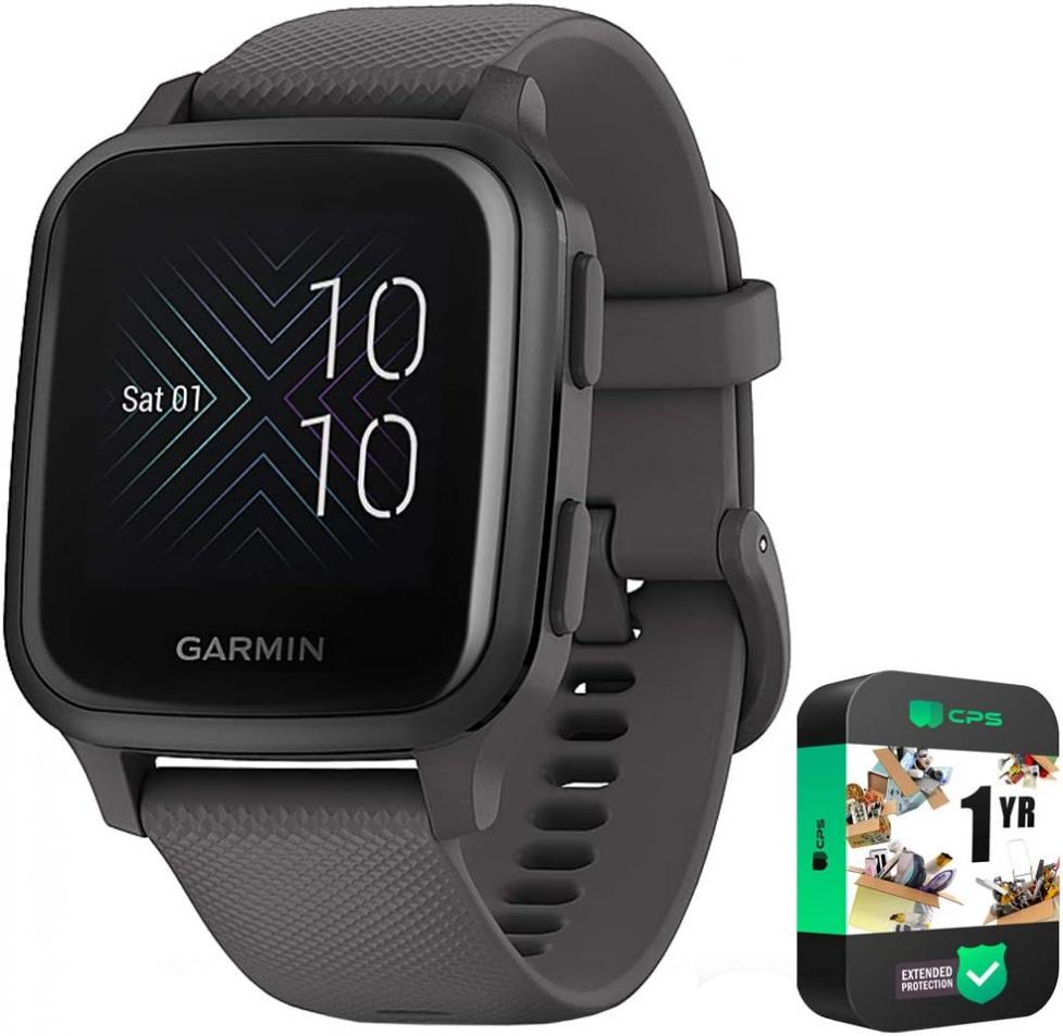 Garmin 010-02427-00 Venu Sq, Slate Aluminum Bezel with Shadow Gray Case and Silicone Band Bundle with 1 YR CPS Enhanced Protection Pack