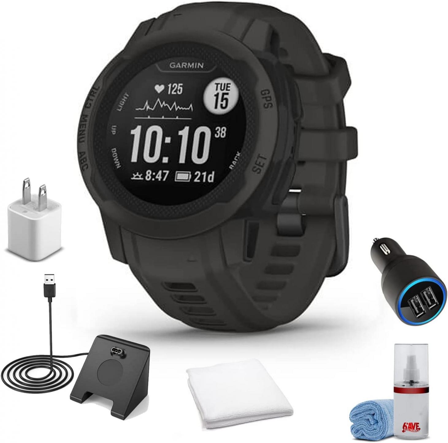 Garmin Instinct 2S - Standard Edition Smart Watch-Graphite + Watch Charging Stand + USB Car/Wall Adapter + 6Ave Cleaning Kit + Sweat Workout Towel (010-02563-10)