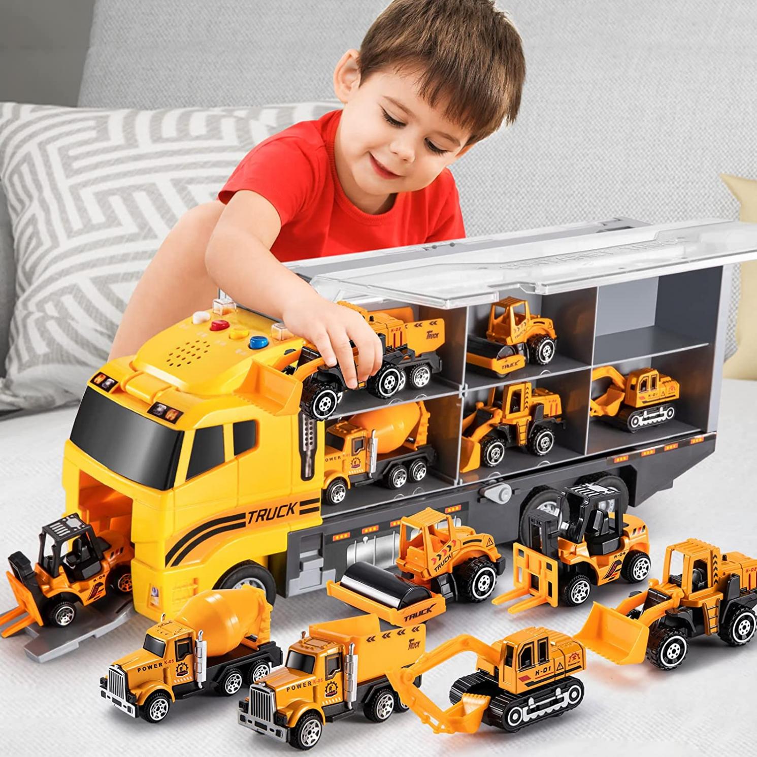 TEMI Toddler Toys for 3 4 5 6 Years Old Boys, Die-cast Construction Toys Car Carrier Vehicle Toy Set w/ Play Mat, Kids Toys Truck Alloy Metal Car Toys Set for Age 3-9 Toddlers Kids Boys & Girls