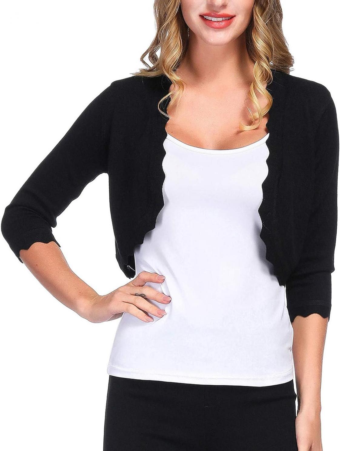 KANCY KOLE Women's 3/4 Sleeve Shrug Cardigan Open Front Scalloped Knit Bolero Sweater Lightweight Elegant Cropped Cardigan