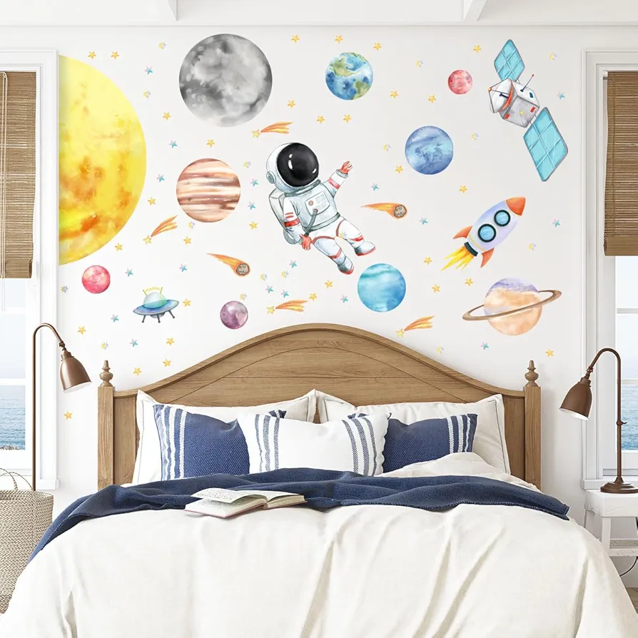 Space Astronaut Spacecraft Wall Decals - Watercolor Solar System Wall Stickers for Baby Boys or Girls Room Decor，Planet，Astronaut, Rocket Ship Wall Stickers Removable，Nursery Playroom Decor