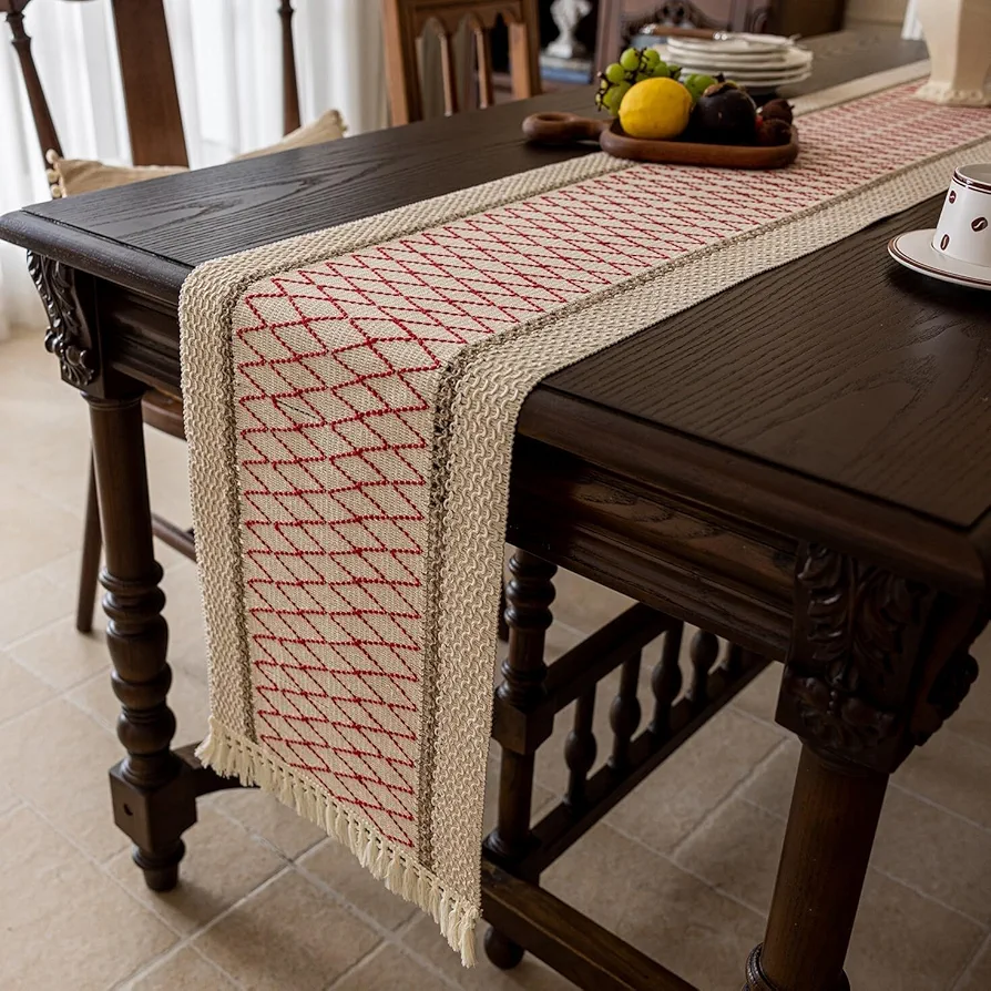 Macrame Burlap Boho Table Runner 12x48 inches, Mexican Modern Farmhouse Woven Grass Table Runner for Living Room Coffee Table Dresser Top Western Home Decor, Red