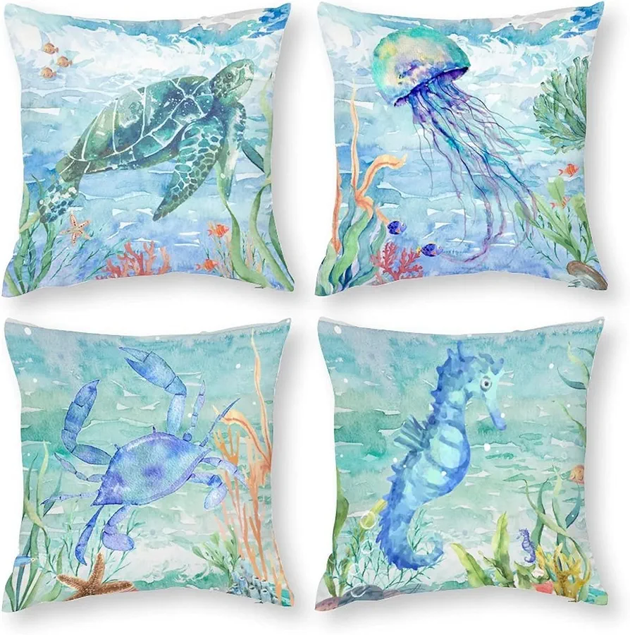 Set of 4 Coastal Pillow Covers 16x16 Inch, Ocean Decor Pillow Covers, Home Decorative Square Pillowcases ，for Living Room, Couch and Bed 16x16 Inch