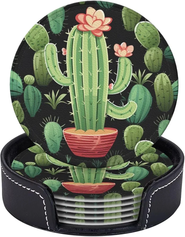 Drink Coasters with Holder cactus Coasters 6 Pcs Round Coasters for Drinks Mugs Mat Cup Pad Leather Coasters for Coffee Table Kitchen Dining Room Bar Decor 3.9 Inch