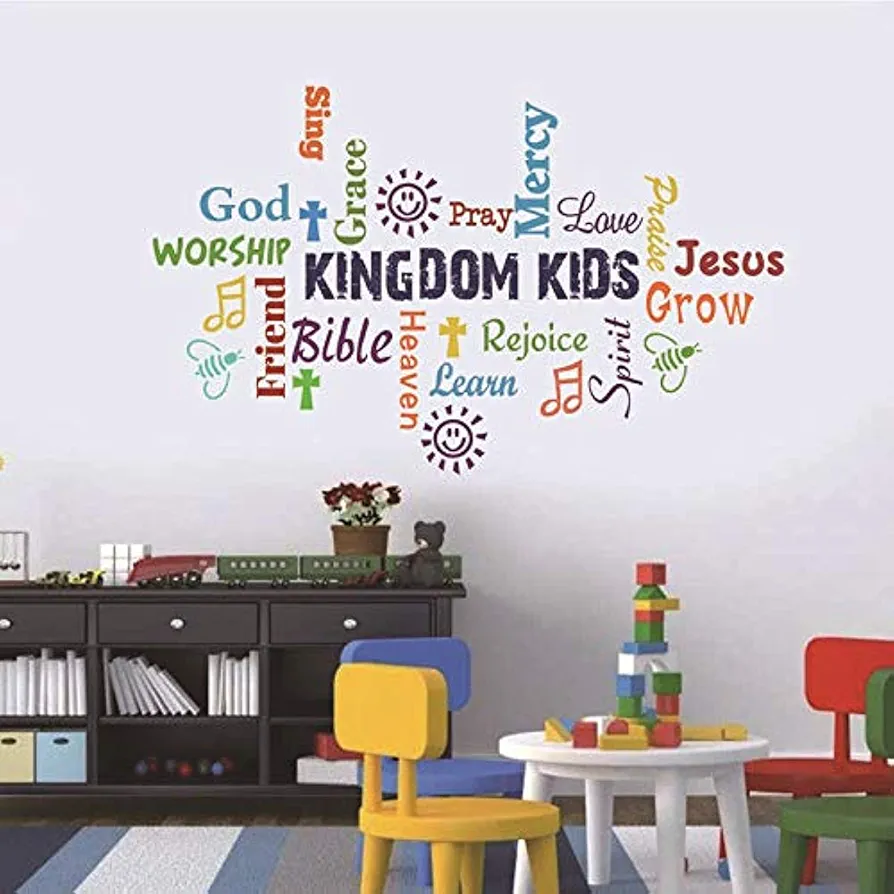 Vinyl Wall Decal, Kindom Kids Multicolor Sticker, Inspirational Christian Bible Verse Poster for Children Classroom, Church Religious Decoration