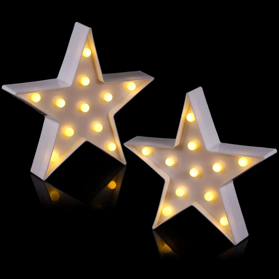 Tarpop 2 Pcs Star Plastic Night Light Battery Operated LED Marquee Star Sign Star Shaped Party Movie Theater Decor Room Wall Lamp for Kids Baby Child Girl Gifts, Party Bar Christmas(White)