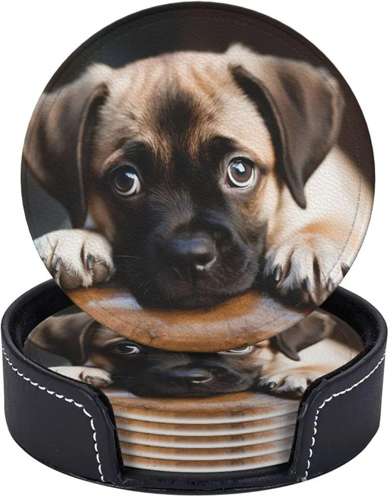 Drink Coasters with Holder Cute Puppy with Big Eyes Leather Coasters Round Coaster for Drinks Tabletop Protection Cup Mat Decorate Cup pad for Coffee Table Kitchen Dining Room Bar Decor