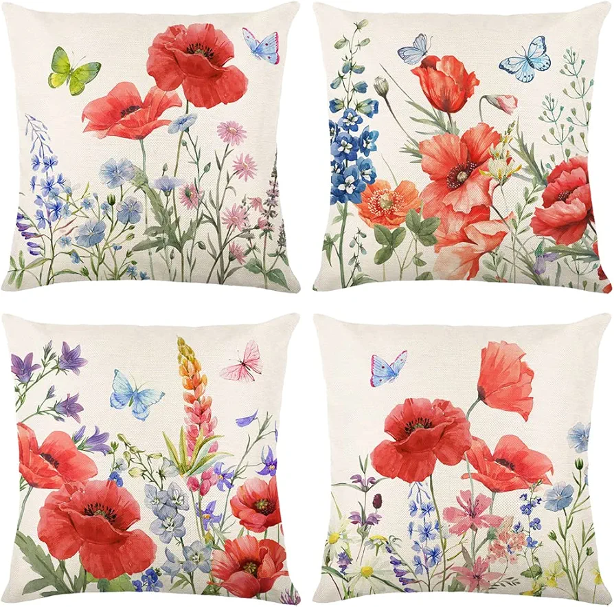 4 Pcs Red Poppy Floral Pillow Covers Spring Summer Fall Vintage Decorative Rustic Farmhouse Thorw Pillow Covers for Indoor Outdoor Sofa Living Room Paito Décor (18"X18")