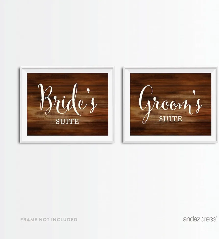 Andaz Press Wedding Party Signs, Rustic Wood Print, 8.5x11-inch, Bride's Suite, Groom's Suite Dressing Room Signs, 2-Pack