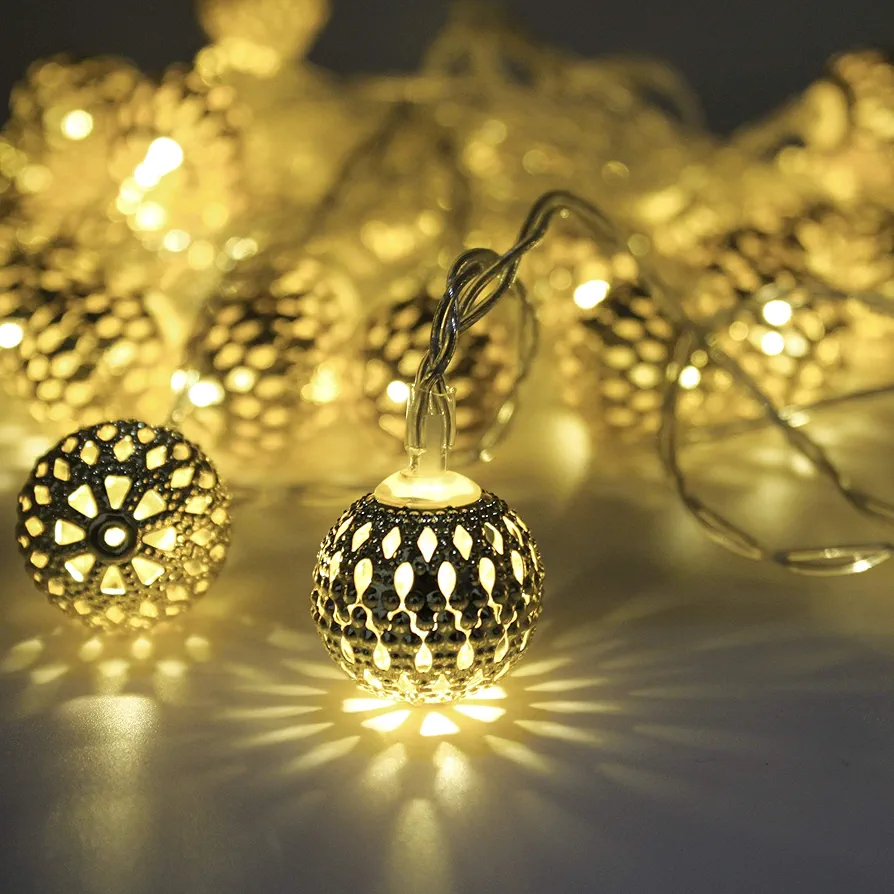 Moroccan String Lights Battery Powered 40 Silver LED Globe String Lights with Timer Warm White Lights for Wedding Party, Holiday, Birthday, Home Decor, Christmas, Metal Orb, Auto ON OFF, 16 ft