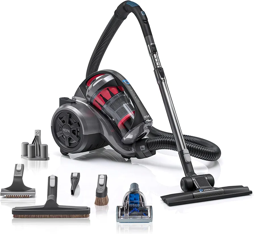 Prolux RS4 Bagless Canister Vacuum, Lightweight with Dual HEPA Filtration, 25 Foot Retractable Cord, Telescopic Wand, Versatile for Wood Floor, Carpet, Home, Office, Apartment, RV, Dorm Room