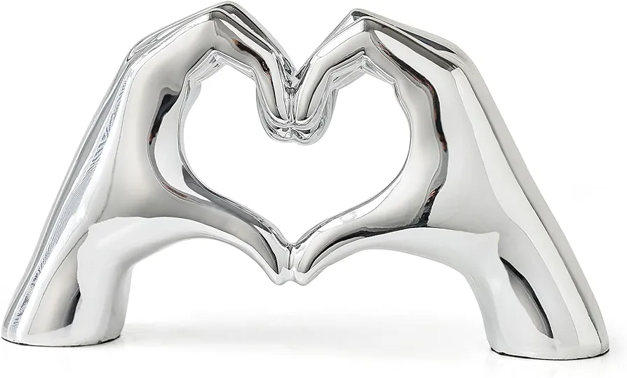 FJS Home Decor Silver Love Heart Hands Statue Modern Art Sculpture Home Decorations for Living Room Bedroom Shelf Coffee Table Centerpiece, Gift for Women Wedding 5.5" W x 9.8" H