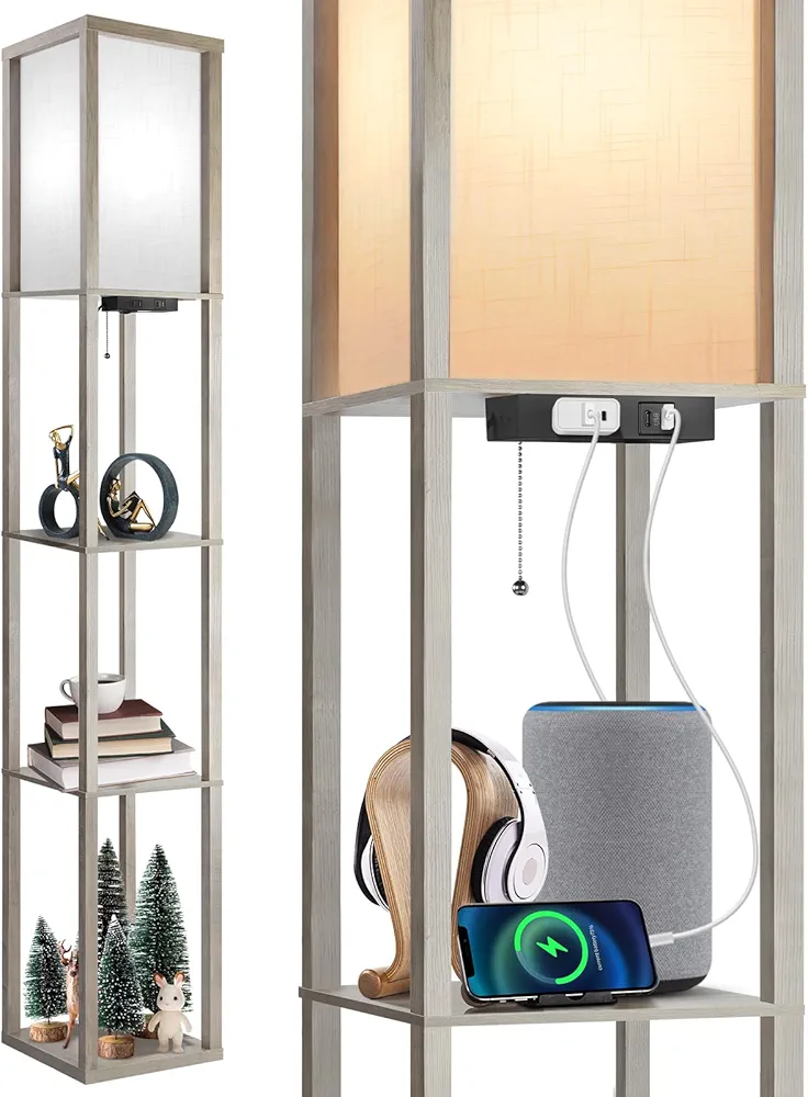 OUTON Floor Lamp with Shelves, LED Shelf Floor Lamp with 1 USB & 1 Type C Ports, 1 AC Outlet, 3 Color Temperature, Storage Display Wood Column Tall Standing Lamp for Living Room, Bedroom Office, Grey