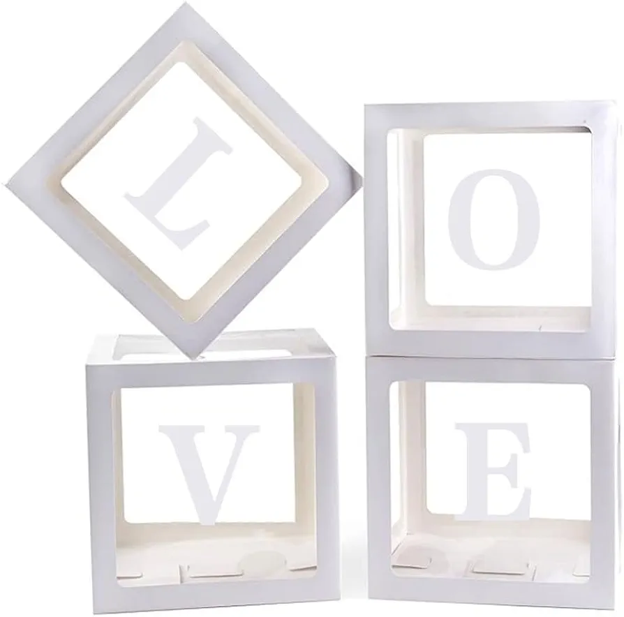 4 Pieces Love Transparent Balloons Boxes with Letters, Valentine’s Day Balloon Box, Party Decorations Balloons Boxes for Anniversary Wedding Engagement Wedding, Bridal Shower, Birthday Party