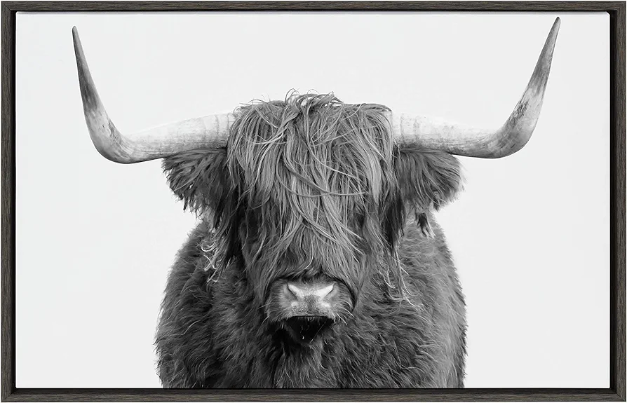 Kate and Laurel Sylvie Highland Cow Framed Canvas Wall Art by Amy Peterson, 23x33 Gray, Rustic Wall Decor for Living Room, Bedroom, Kitchen Or Nursery