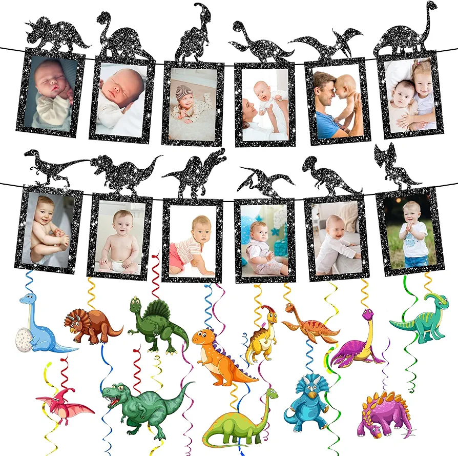 KatchOn, Dinosaur Hanging Swirls Decorations - Pack of 62 | Dinosaur Classroom, Dinosaur Birthday Banner | Black Dinosaur Birthday Photo Banner for Dinosaur Party Decorations