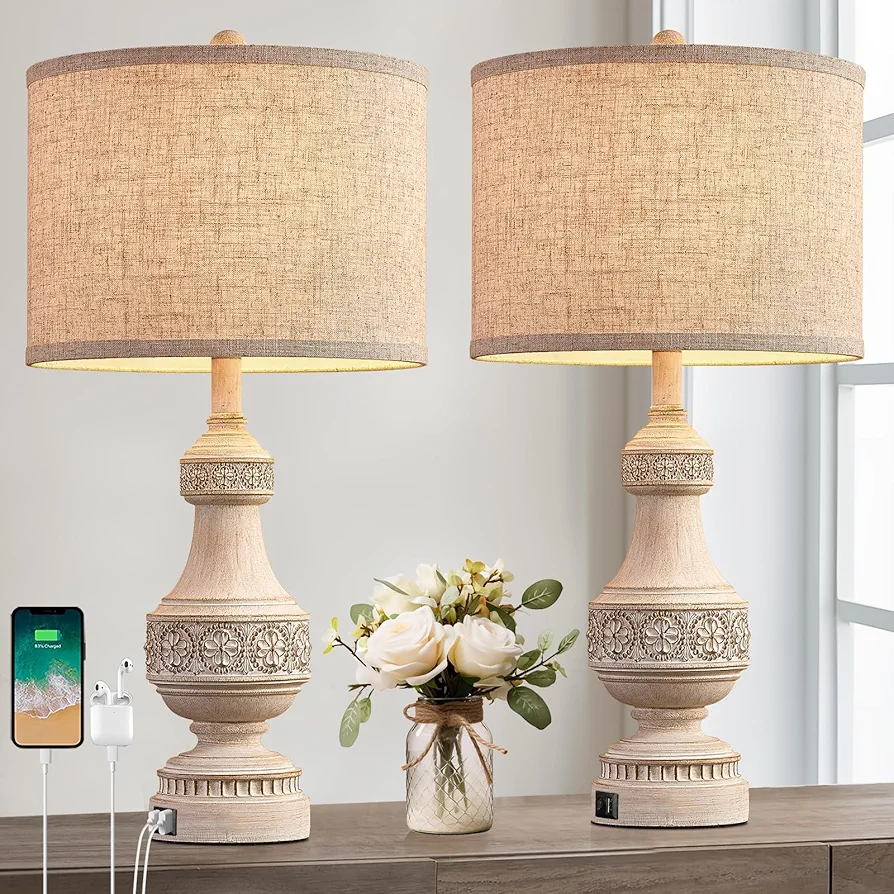 Farmhouse Table Lamps Set of 2, 26" Rustic Bedside Lamps with USB A/C Ports, Nightstand Lamps with Carved Floral, White End Table Lamps for Living Room, Bedroom, Rotary Switch, No Bulbs