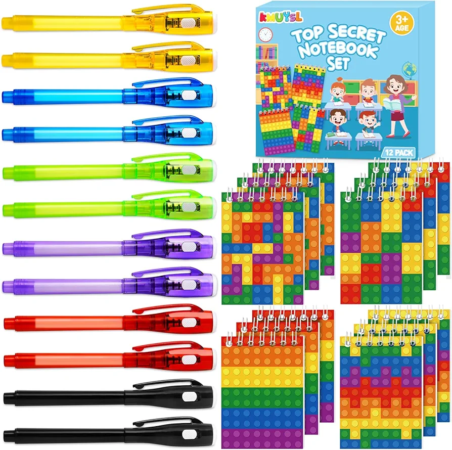 KMUYSL Invisible Ink Pens and Notebooks, 12 Pack Spy Pens with UV Light, Party Favors for 4-8, 8-12 Kids, Easter Birthday Party Supplies, Carnival Prizes Classroom Rewards Pinata Fillers for Kids