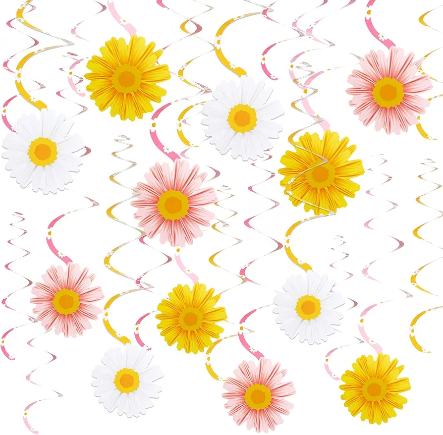 EASY JOY 24 PCS Daisy Hanging Swirls Decorations Boho Groovy Party Decorations Spring Flower Birthday Party Decorations Retro Hippie Party Ceiling Decorations for Classroom Office Mother Day Decor