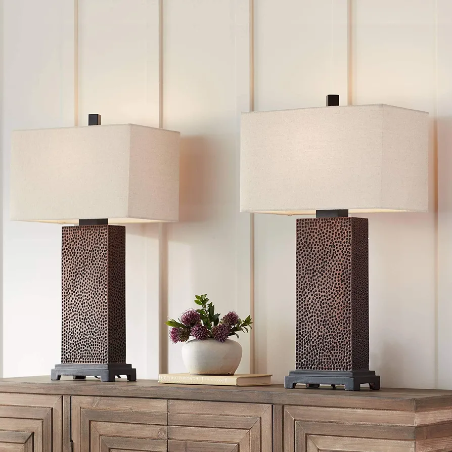 360 Lighting Caldwell Rustic Farmhouse Table Lamps 24.75" Tall Set of 2 Bronze Hammered Textured Fabric Rectangular Shade for Bedroom Living Room House Home Bedside Nightstand Office Family