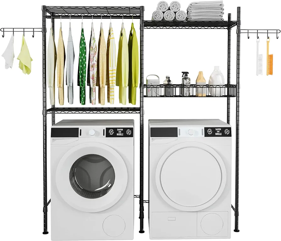 Ulif over Washer and Dryer Shelves, Laundry Room Storage Rack, Laundry Space Saver with Wire Basket and 2 Hooks, 57.8" L x 13.4" D x 76.7" H, Black