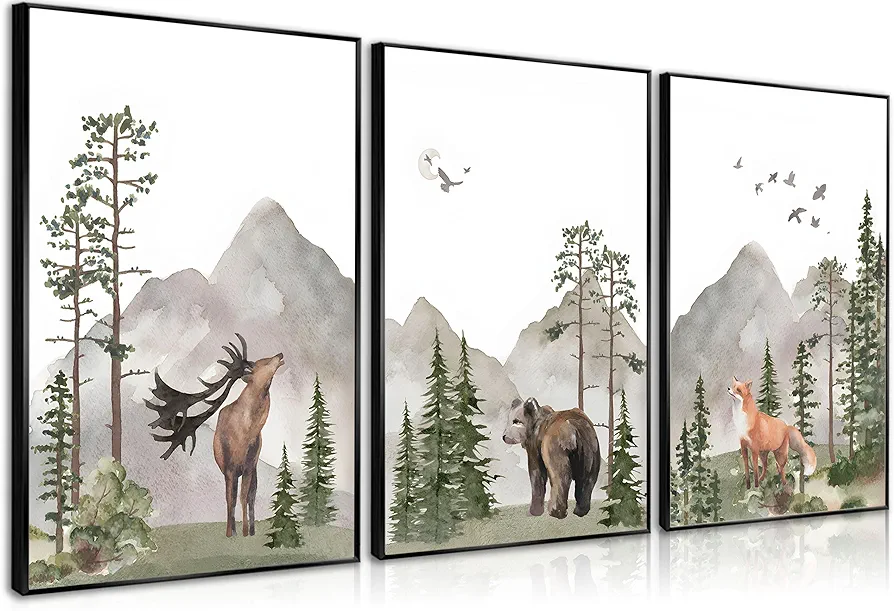 Woodland Nursery Wild Animals Forest Wall Art Decor Posters Adventure Theme Watercolor Deer Bear Fox Pictures Paintings Beige Green Canvas Prints for Boys Room Girls Room ,Set 3,16x24in/Unframed