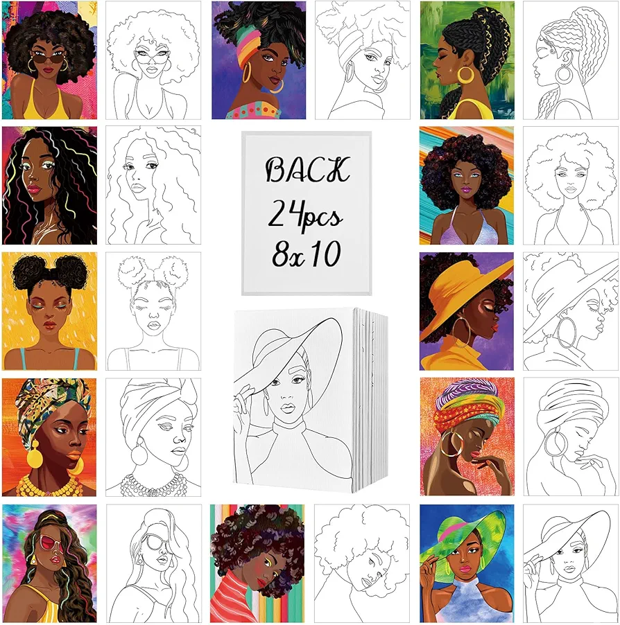 Ctosree 24 Pcs Pre Drawn Canvas 8 x 10 Inch Canvas Painting Pre Drawn Stretched Outline Canvas Painting Boards Back to School Paint Party Favor for Student Adults Kids, No Pigment (Afro Queen)