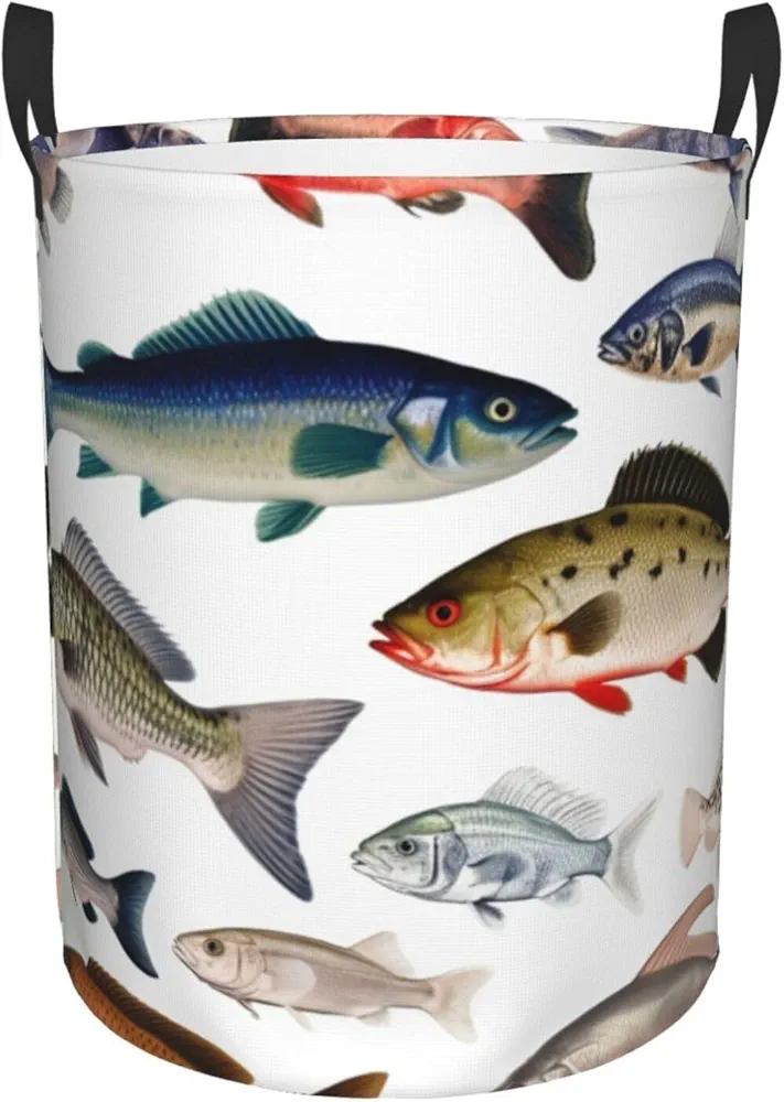 Different Fish Print Laundry Basket Circular Laundry Hamper with Handles Waterproof Circular Hamper Dirty Clothes Basket Portable Storage Bin for Home Organizer Living Room Bathroom Car Small