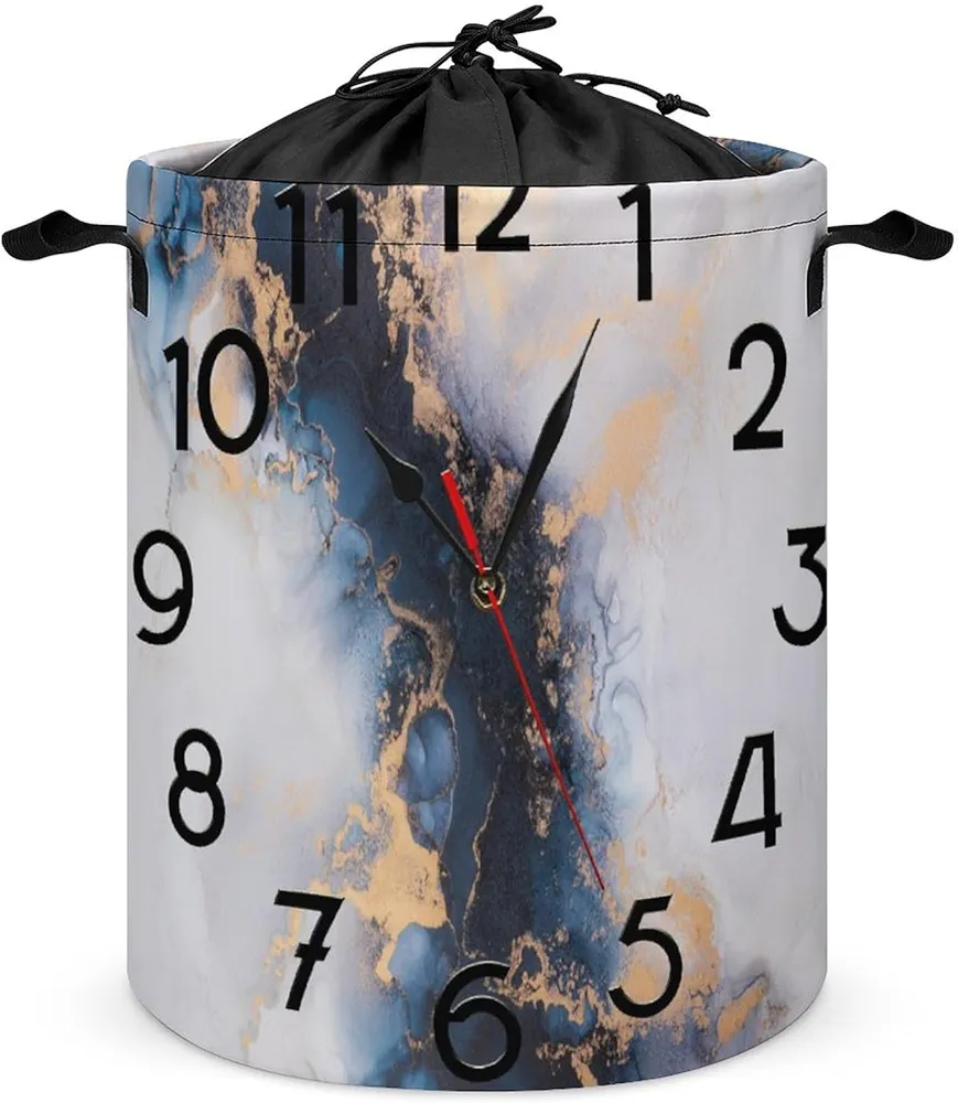 Blue Marble Modern Clock Laundry Basket 45L,Abstract Modern Marble Wavy Liquid Gold Foil Glitter Print Dirty Clothes Basket For Laundry Room Balcony-13.8"W x 17.3"H