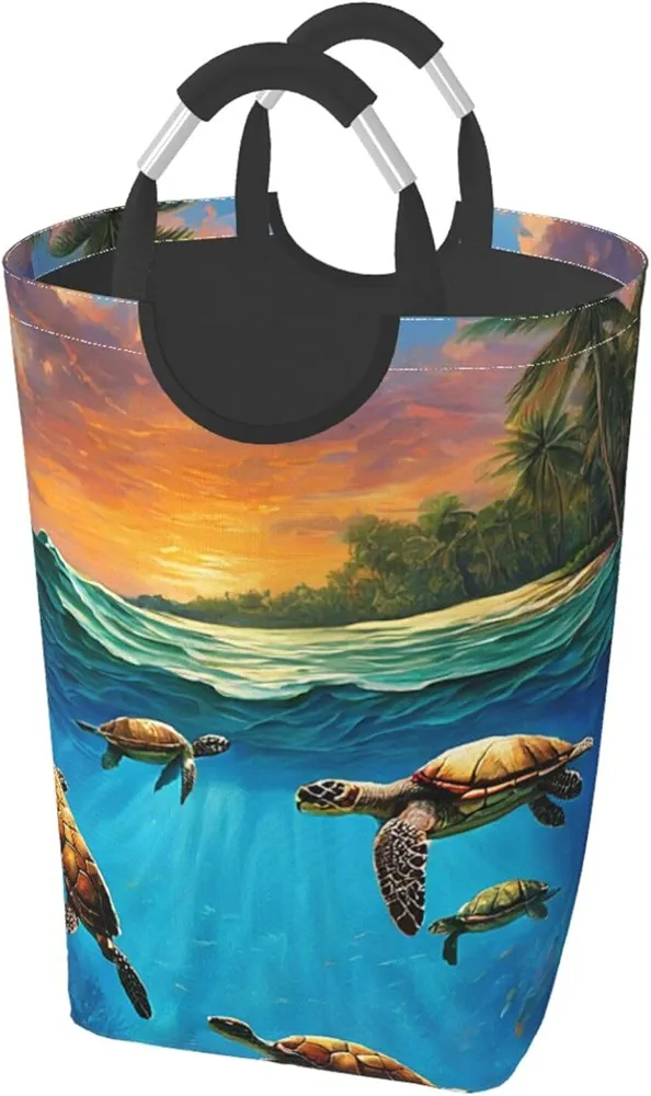 Laundry Basket Collapsible Clothes Hamper for Dirty Clothes, Laundry Bag with Handles Blanket Toys Storage Blanket, Dorm Room Essentials Accessories - Sea Turtles