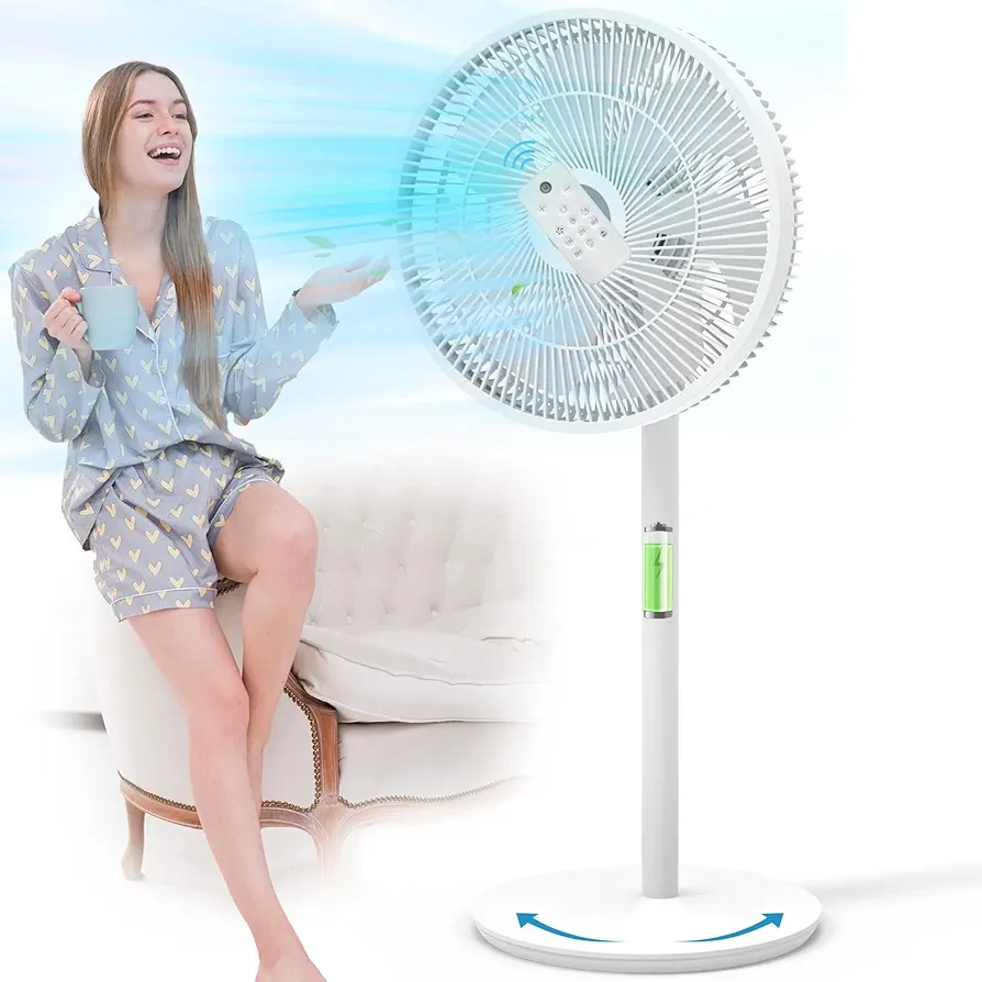 CooCoCo Ultra Quiet Pedestal Fan with Remote, Standing Fan for Bedroom, 14" 15000mAh Cordless Oscillating Floor Fan, 15 Speeds & 4 Timer, 7 Blades for Home Office Living Room Patios Outdoor